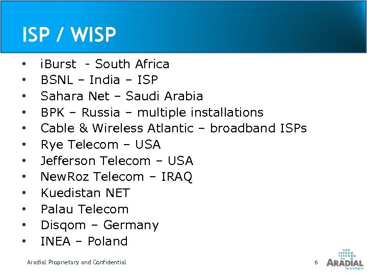 ISP / WISP • • • i. Burst - South Africa BSNL – India