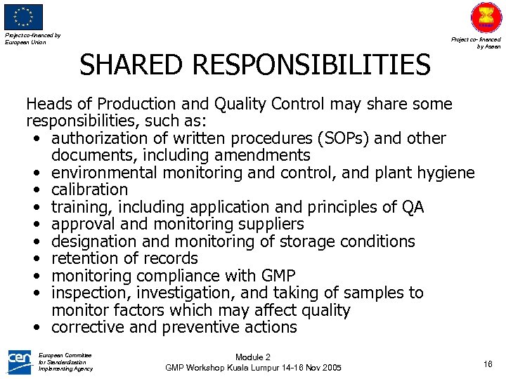 Project co-financed by European Union SHARED RESPONSIBILITIES Project co- financed by Asean Heads of