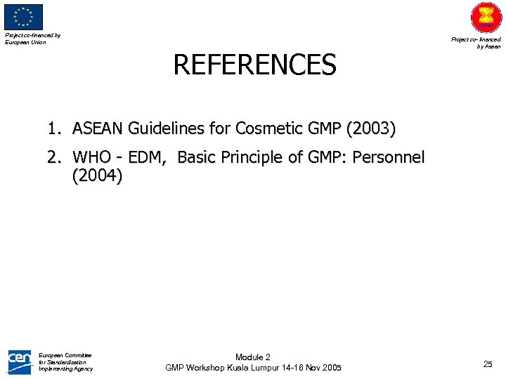 Project co-financed by European Union REFERENCES Project co- financed by Asean 1. ASEAN Guidelines