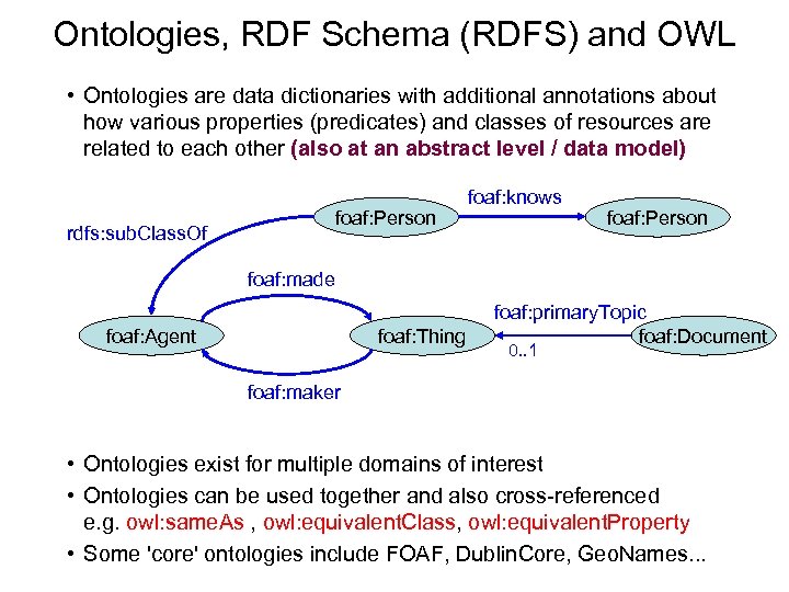 Ontologies, RDF Schema (RDFS) and OWL • Ontologies are data dictionaries with additional annotations