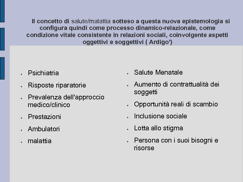 Il concetto di salute/malattia sotteso a questa nuova epistemologia si configura quindi come processo