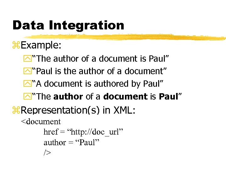 Data Integration z. Example: y“The author of a document is Paul” y“Paul is the