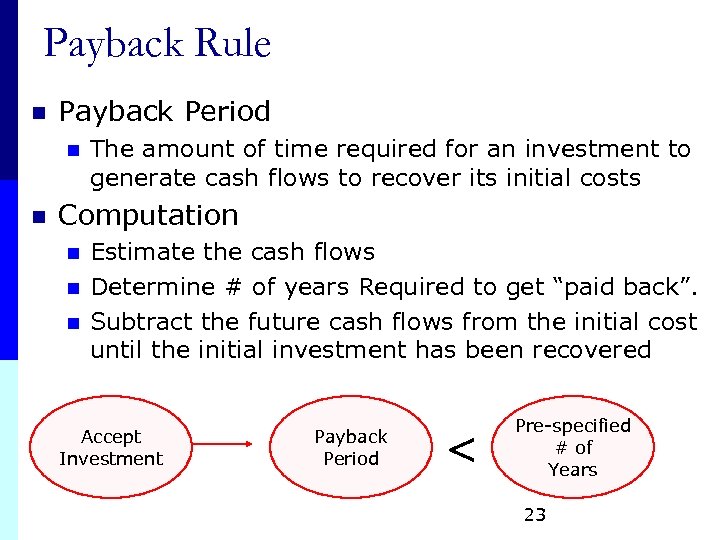 Payback Rule n Payback Period n n The amount of time required for an