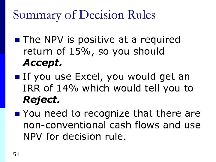 Summary of Decision Rules The NPV is positive at a required return of 15%,