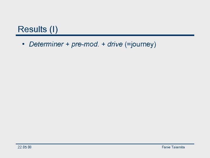 Results (I) • Determiner + pre-mod. + drive (=journey) 22. 05. 08 Fanie Tsiamita