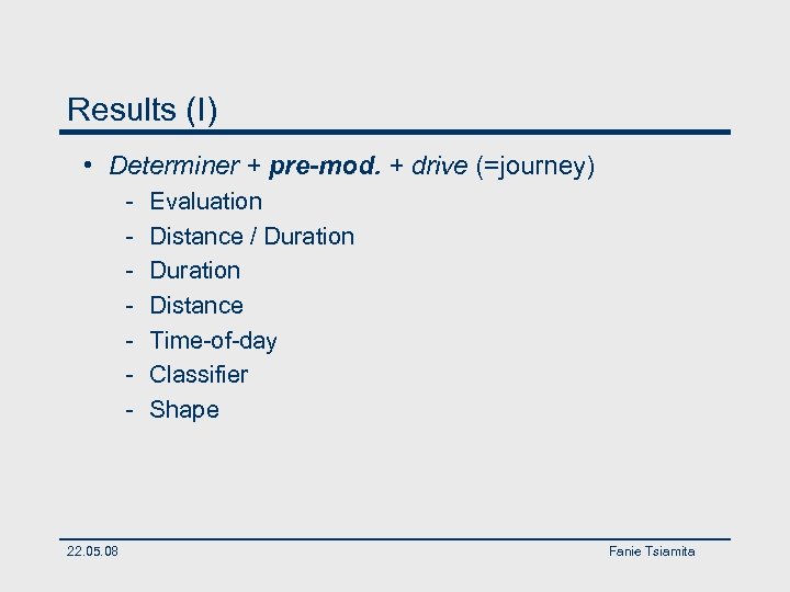 Results (I) • Determiner + pre-mod. + drive (=journey) - 22. 05. 08 Evaluation
