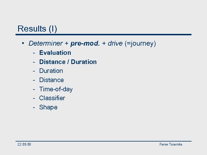 Results (I) • Determiner + pre-mod. + drive (=journey) - 22. 05. 08 Evaluation