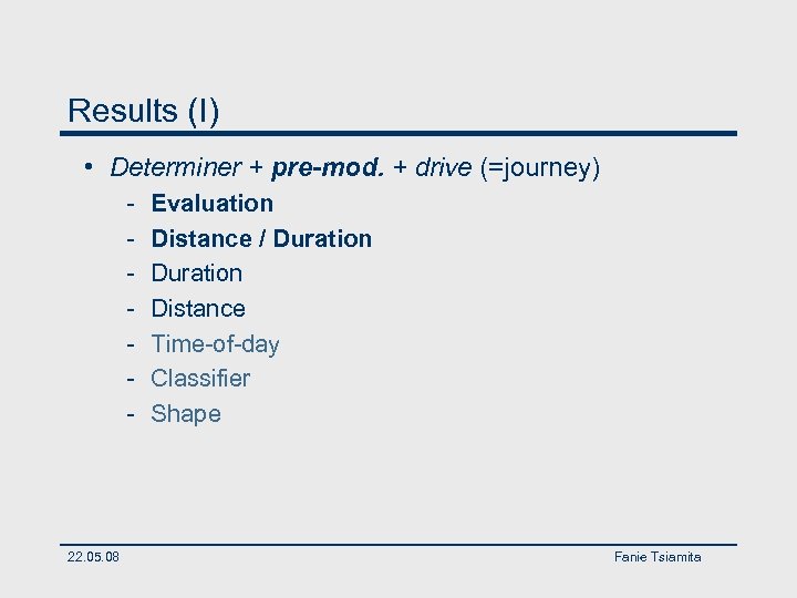 Results (I) • Determiner + pre-mod. + drive (=journey) - 22. 05. 08 Evaluation