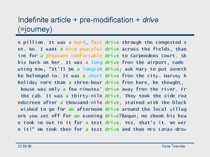 Indefinite article + pre-modification + drive (=journey) e pillion. It was a hard, fast