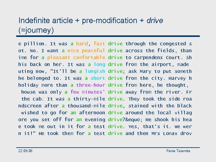 Indefinite article + pre-modification + drive (=journey) e pillion. It was a hard, fast