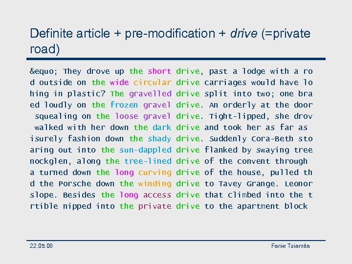 Definite article + pre-modification + drive (=private road) &equo; They drove up the short