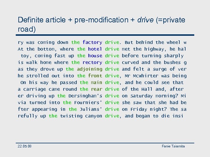 Definite article + pre-modification + drive (=private road) ry was coming down the factory