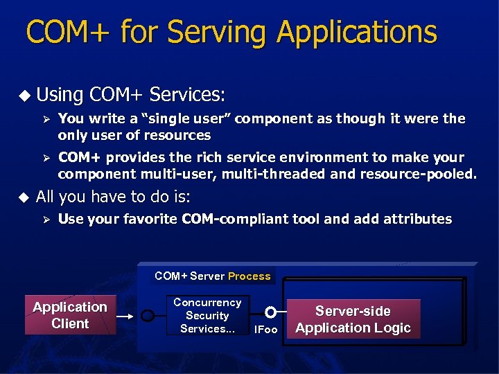 COM+ for Serving Applications u Using COM+ Services: Ø Ø u You write a