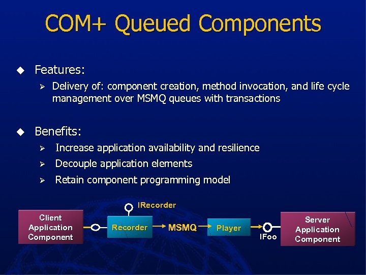 COM+ Queued Components u Features: Ø u Delivery of: component creation, method invocation, and