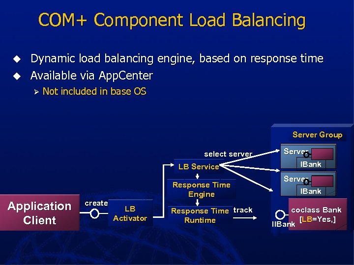 COM+ Component Load Balancing u u Dynamic load balancing engine, based on response time