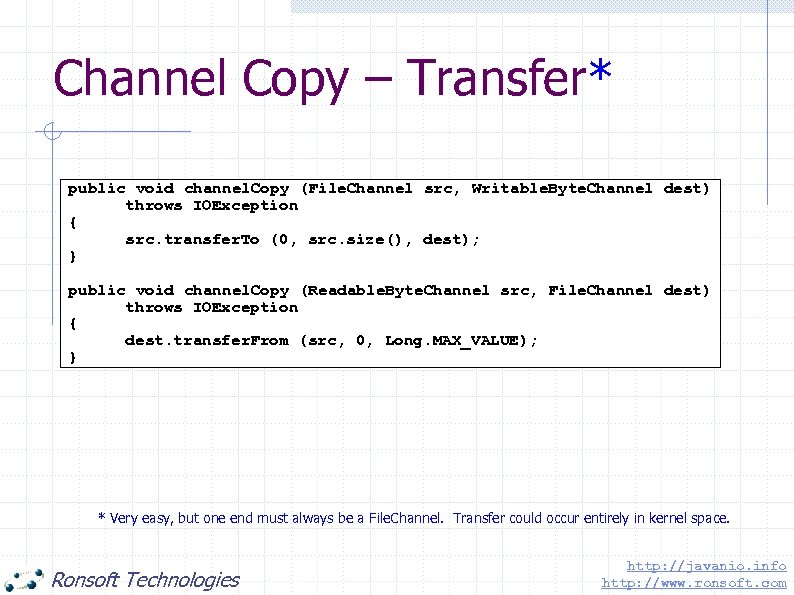 Channel Copy – Transfer* public void channel. Copy (File. Channel src, Writable. Byte. Channel