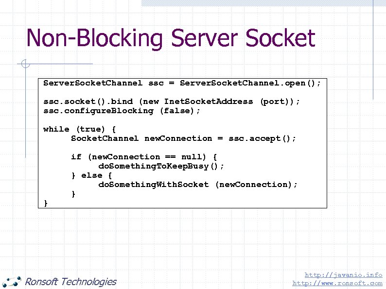 Non-Blocking Server Socket Server. Socket. Channel ssc = Server. Socket. Channel. open(); ssc. socket().