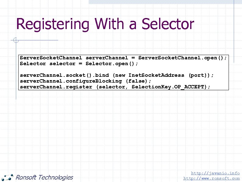 Registering With a Selector Server. Socket. Channel server. Channel = Server. Socket. Channel. open();