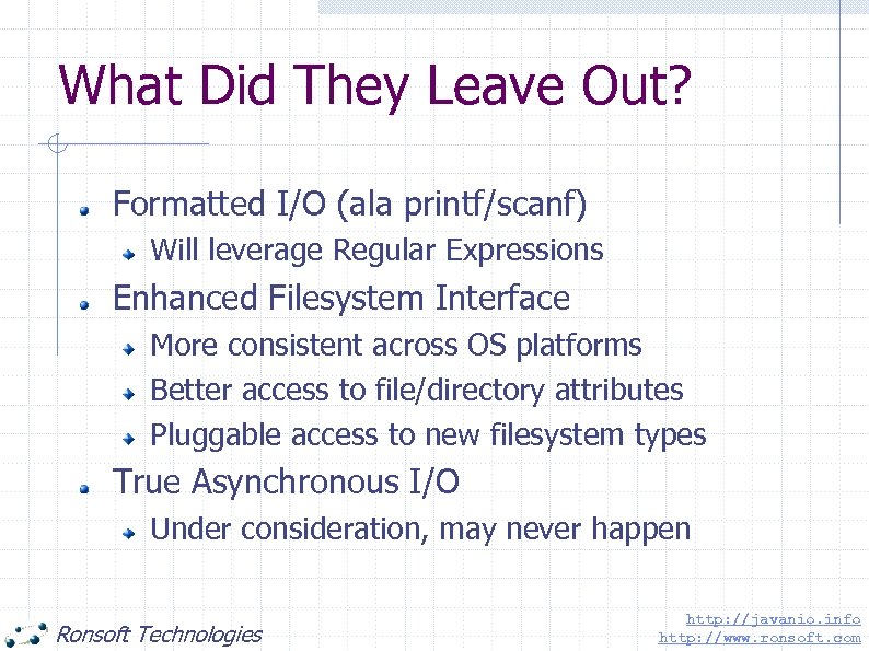 What Did They Leave Out? Formatted I/O (ala printf/scanf) Will leverage Regular Expressions Enhanced