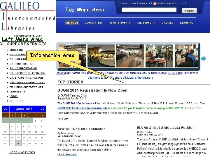 Top Menu Area GIL Support Services Web Site Left Menu Area Information Area 