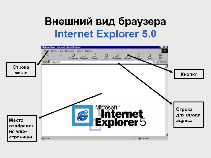 Внешний вид браузера Internet Explorer 5. 0 Строка меню Место отображен ия webстраницы Кнопки