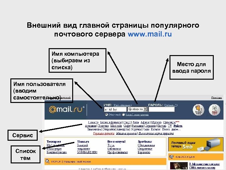 Внешний вид главной страницы популярного почтового сервера www. mail. ru Имя компьютера (выбираем из