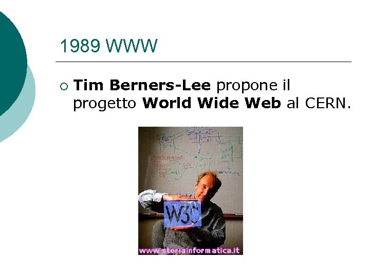1989 WWW ¡ Tim Berners-Lee propone il progetto World Wide Web al CERN. 