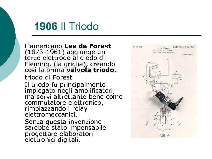 1906 Il Triodo L'americano Lee de Forest (1873 -1961) aggiunge un terzo elettrodo al