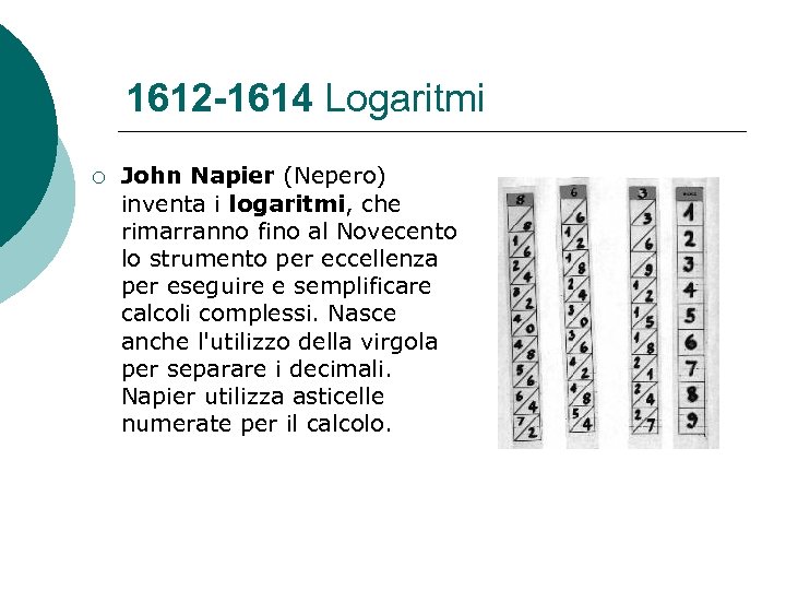 1612 -1614 Logaritmi ¡ John Napier (Nepero) inventa i logaritmi, che rimarranno fino al