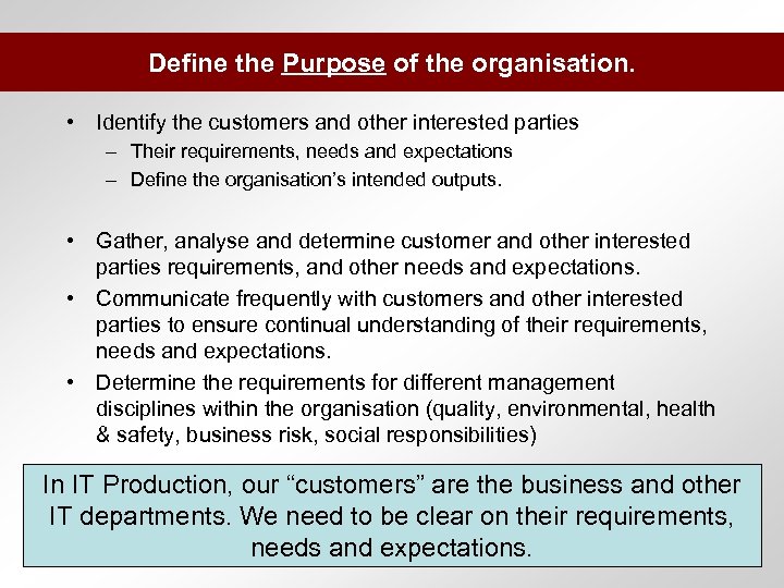 Define the Purpose of the organisation. • Identify the customers and other interested parties