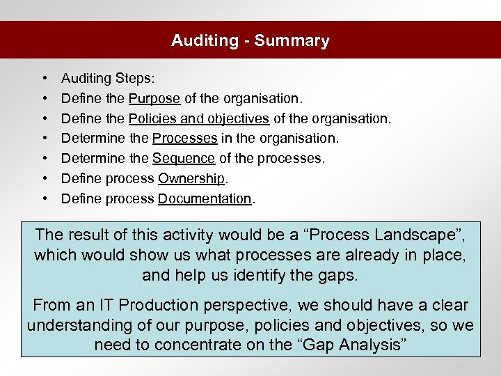 Auditing - Summary • • Auditing Steps: Define the Purpose of the organisation. Define