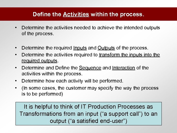 Define the Activities within the process. • Determine the activities needed to achieve the