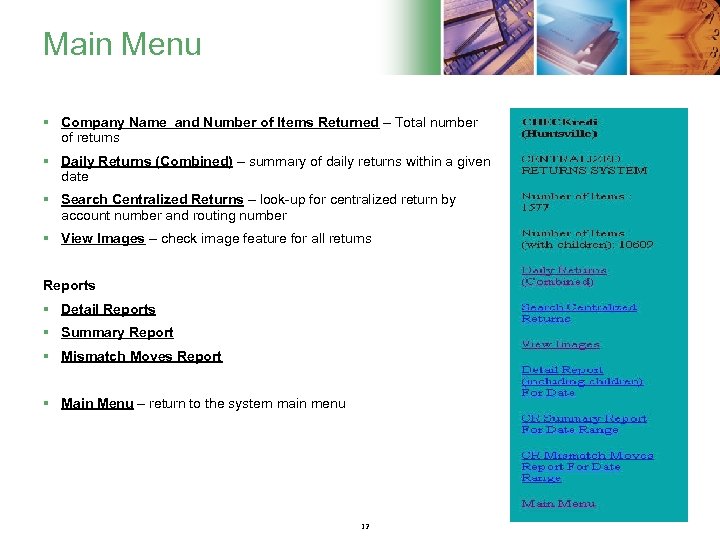 Main Menu § Company Name and Number of Items Returned – Total number of