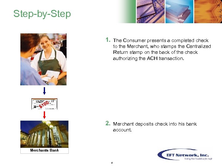 Step-by-Step 1. The Consumer presents a completed check to the Merchant, who stamps the