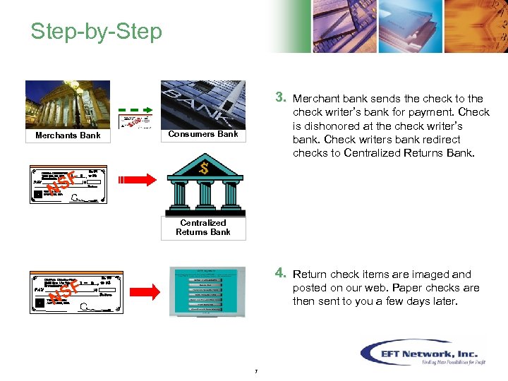 Step-by-Step 3. Merchants Bank Consumers Bank SF N Merchant bank sends the check to