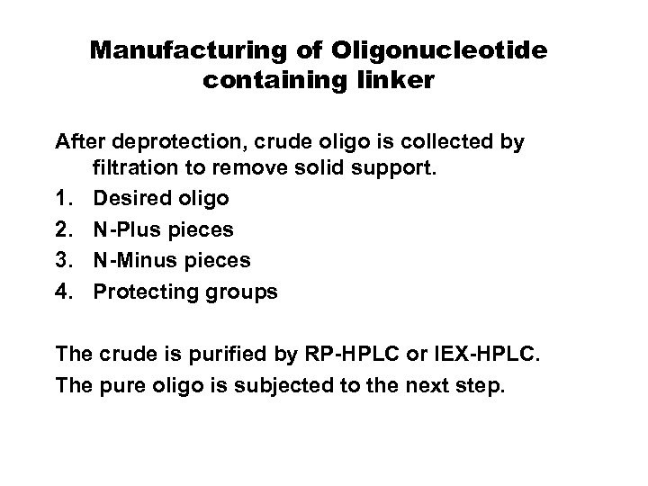 Manufacturing of Oligonucleotide containing linker After deprotection, crude oligo is collected by filtration to