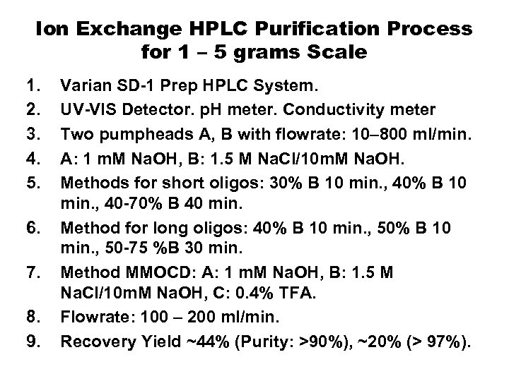 Ion Exchange HPLC Purification Process for 1 – 5 grams Scale 1. 2. 3.