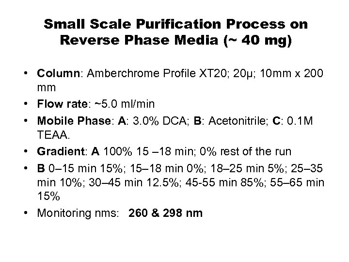 Small Scale Purification Process on Reverse Phase Media (~ 40 mg) • Column: Amberchrome