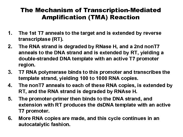 The Mechanism of Transcription-Mediated Amplification (TMA) Reaction 1. 2. 3. 4. 5. 6. The