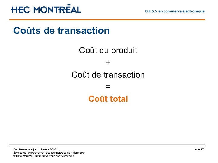 Coûts de transaction Coût du produit + Coût de transaction = Coût total Dernière