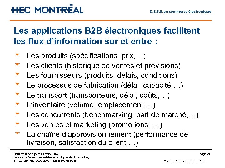 Les applications B 2 B électroniques facilitent les flux d’information sur et entre :