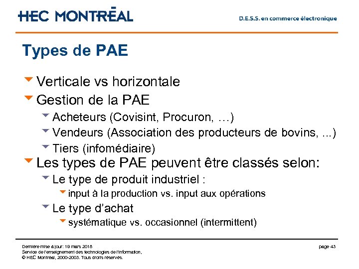 Types de PAE u. Verticale vs horizontale u. Gestion de la PAE u. Acheteurs