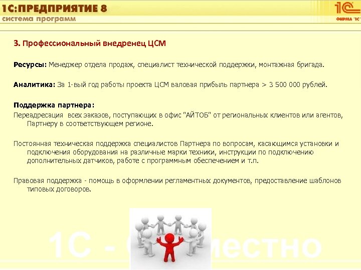 1 С: Управление автотранспортом 3. Профессиональный внедренец ЦСМ Ресурсы: Менеджер отдела продаж, специалист технической