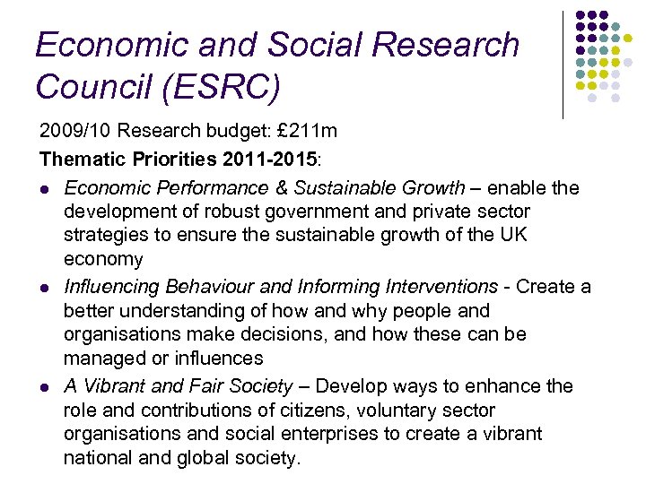 Economic and Social Research Council (ESRC) 2009/10 Research budget: £ 211 m Thematic Priorities