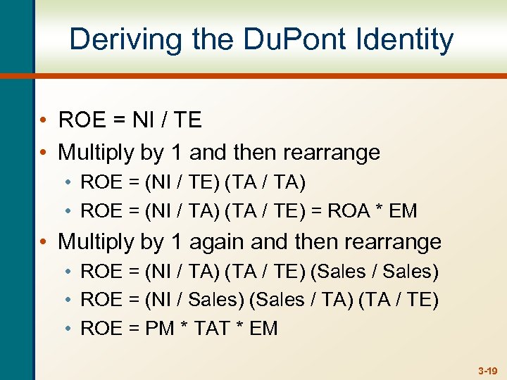 Deriving the Du. Pont Identity • ROE = NI / TE • Multiply by