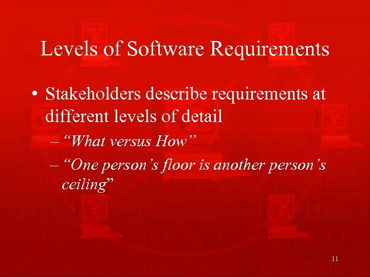 Levels of Software Requirements • Stakeholders describe requirements at different levels of detail –