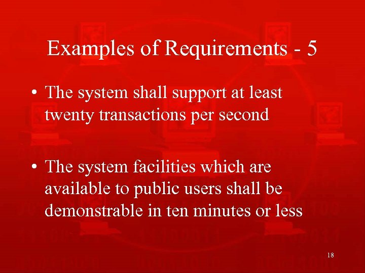 Examples of Requirements - 5 • The system shall support at least twenty transactions