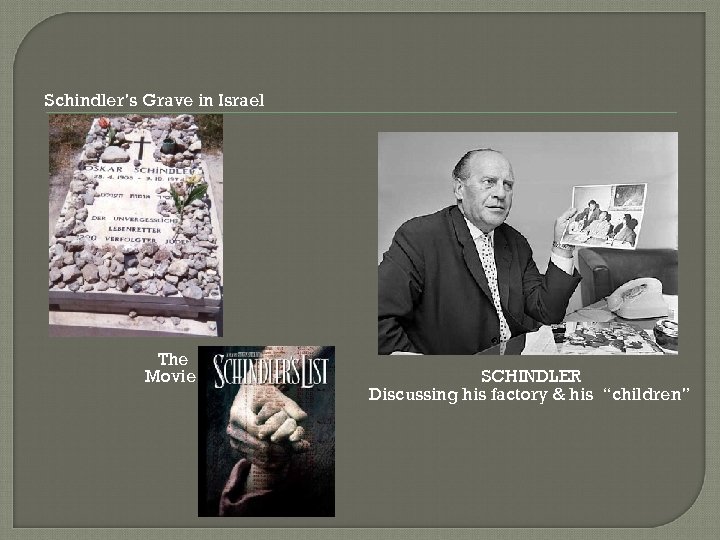 Schindler’s Grave in Israel The Movie SCHINDLER Discussing his factory & his “children” 