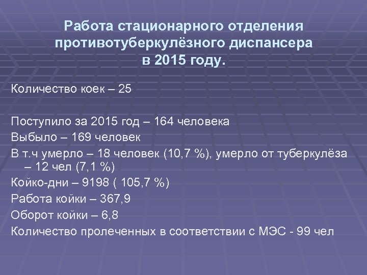 Работа стационарного отделения противотуберкулёзного диспансера в 2015 году. Количество коек – 25 Поступило за