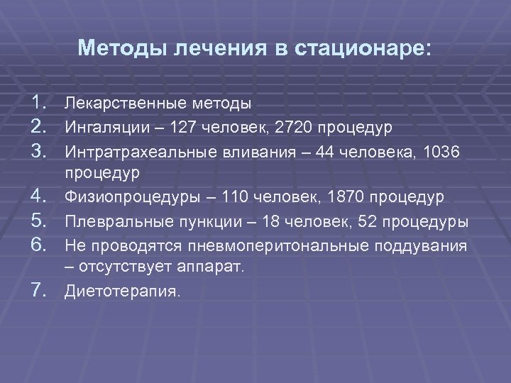 Методы лечения в стационаре: 1. Лекарственные методы 2. Ингаляции – 127 человек, 2720 процедур